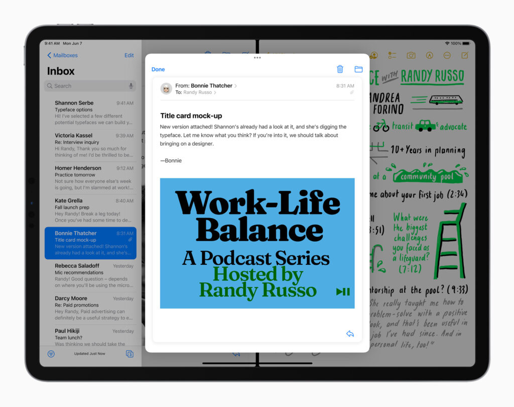 Apple iPadPro iPadOS15 mail notes multitasking splitview 060721 1